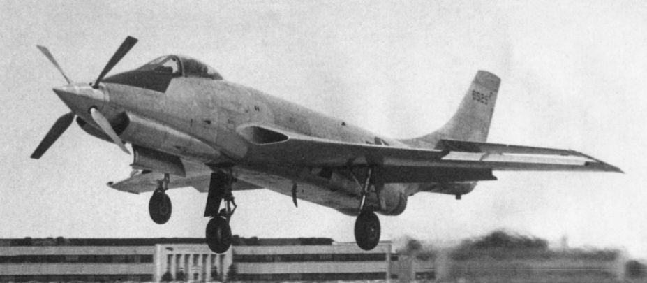 Black and white photograph of propeller driven aircraft