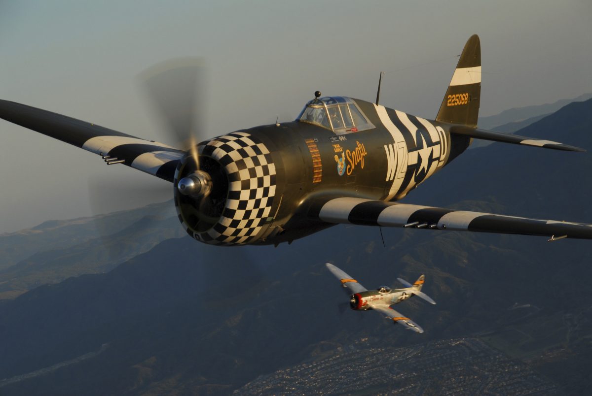 Republic P-47 Thunderbolts flying over Chino, California.