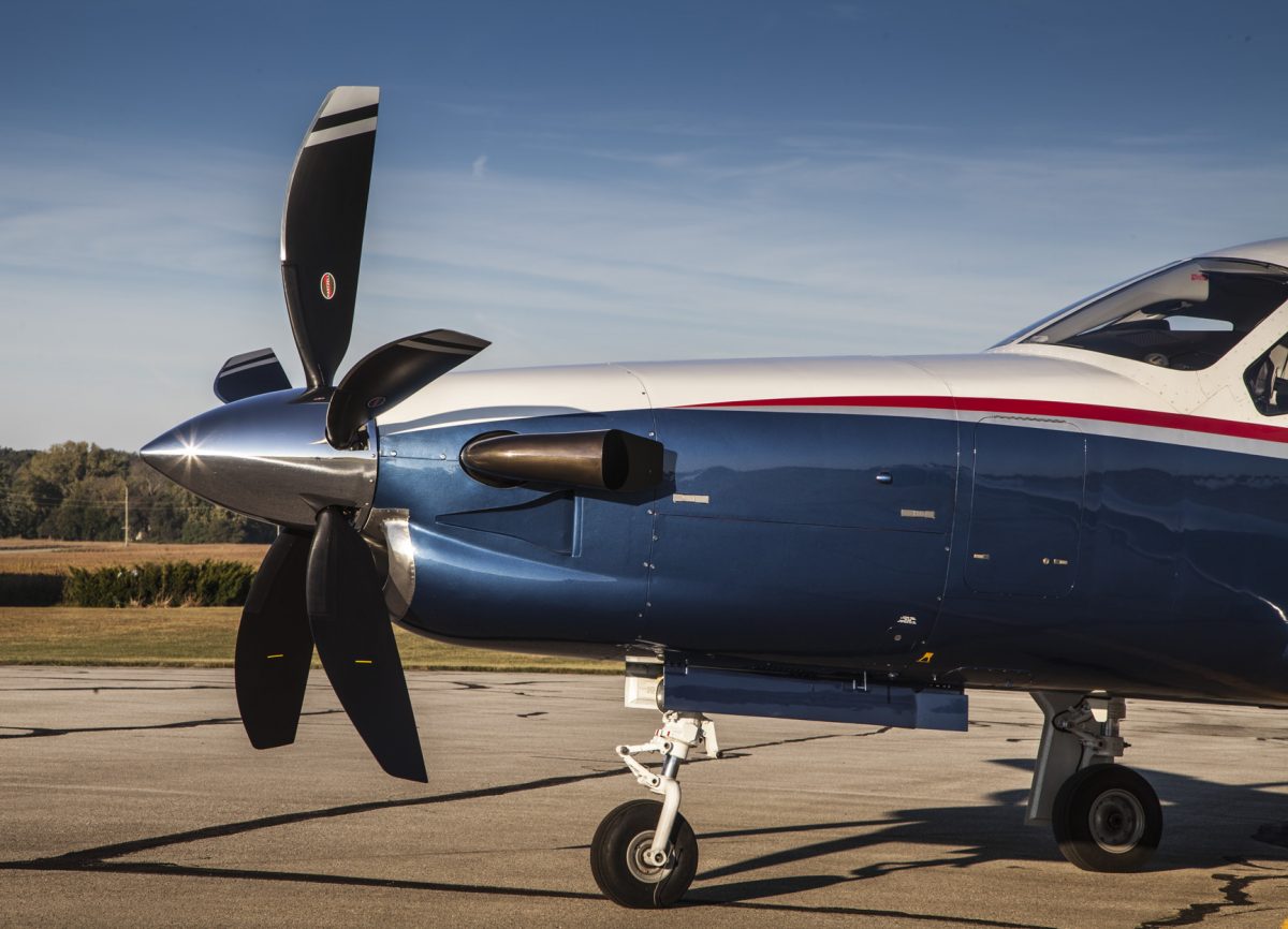 Side view of TBM aircraft with 5-blade Hartzell propeller