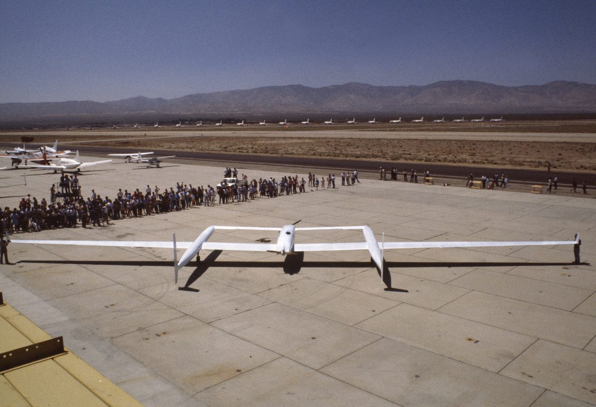 Aerial view of Rutan Voyager aircraft at anniversary celebration