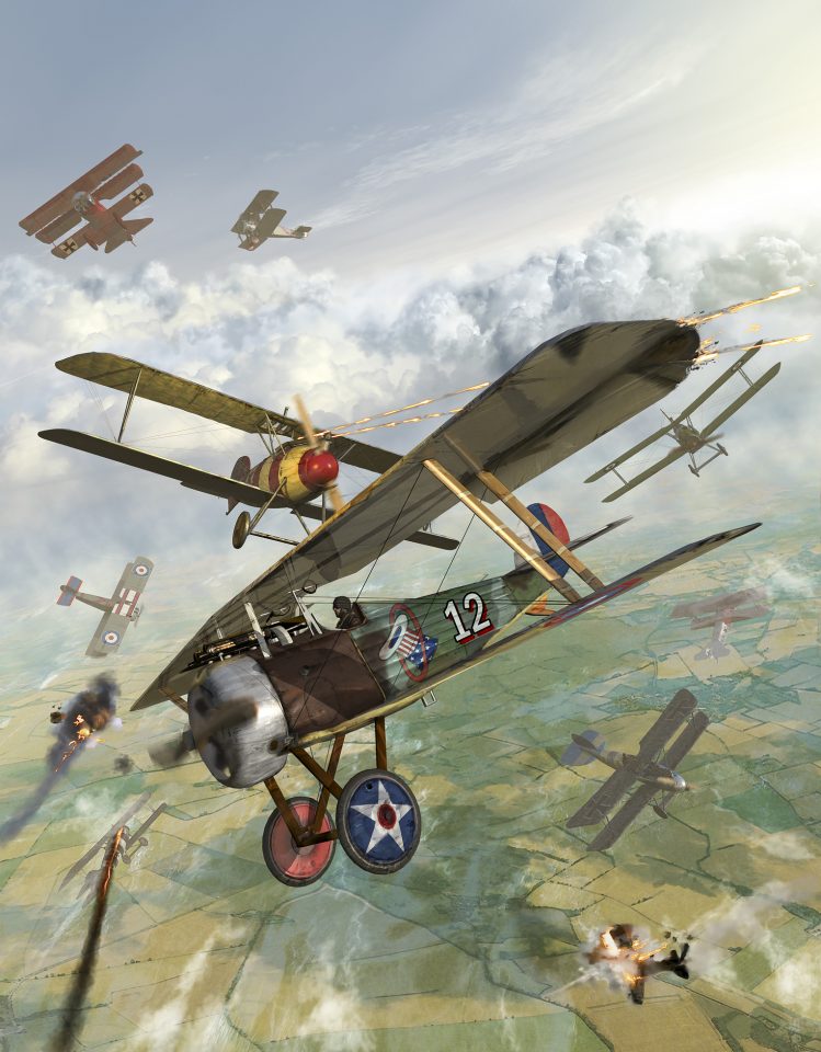 World War I U.S. bi-plane attacking German bi-planes.